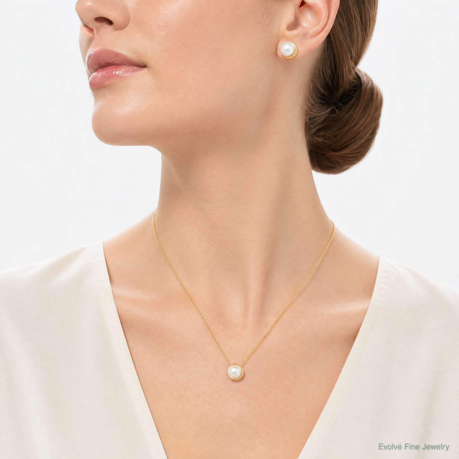 14k 5-6mm White Button FWC Pearl Earring and Pendant Set - Model Shot