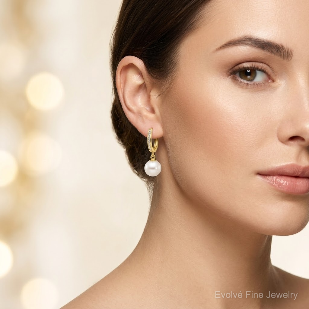 14K 7-8mm Round Freshwater Cultured Pearl Dangle Hoop Earrings - Model Shot