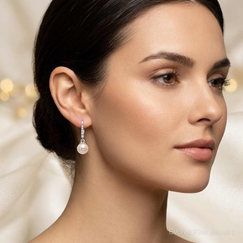 14K White Gold 6-7mm Rnd Wht Akoya Pearl and .085ct Dia Dangle Earrings - Model Shot