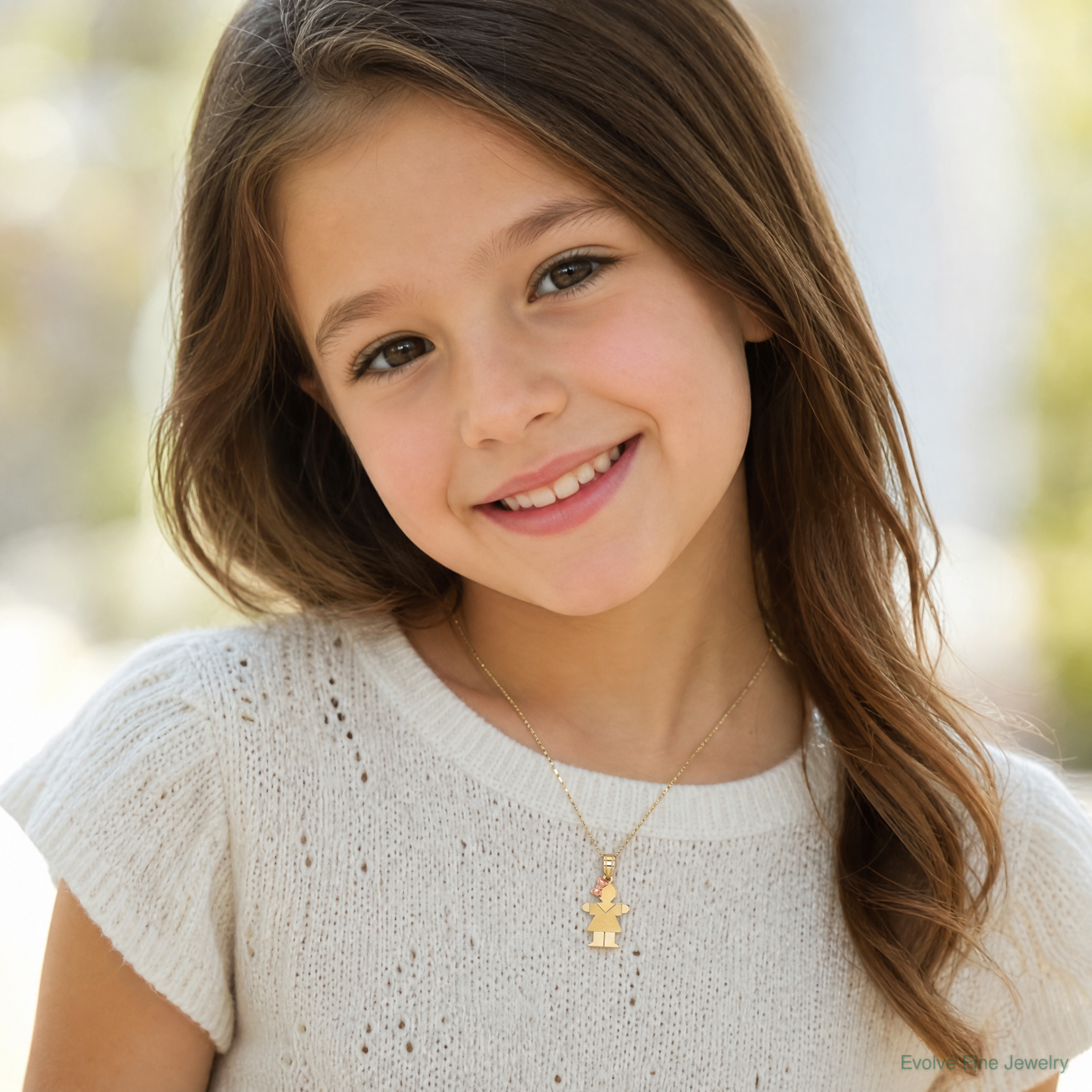 14k Two-Tone Small Girl with Bow on Left Engravable Charm - Model Shot