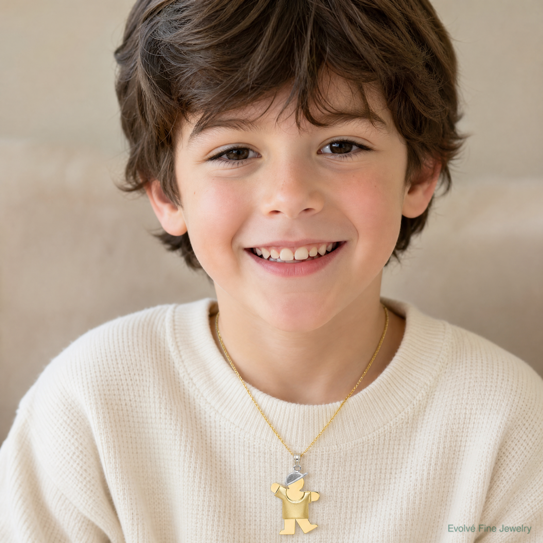 14k Two-Tone Puffed Boy with Hat on Left Engravable Charm - Model Shot