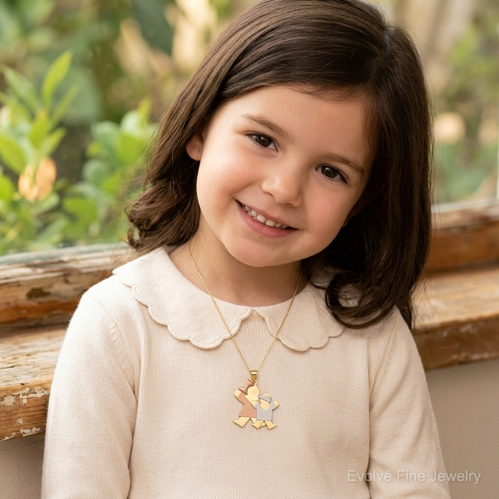 14k Tri-Color Big Girl and Little Boy Engravable Charm - Model Shot