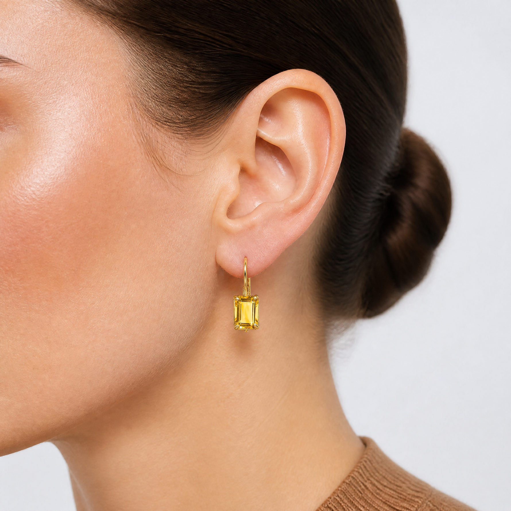 14k 7x5mm Emerald Cut Citrine Leverback Earrings - Model Shot