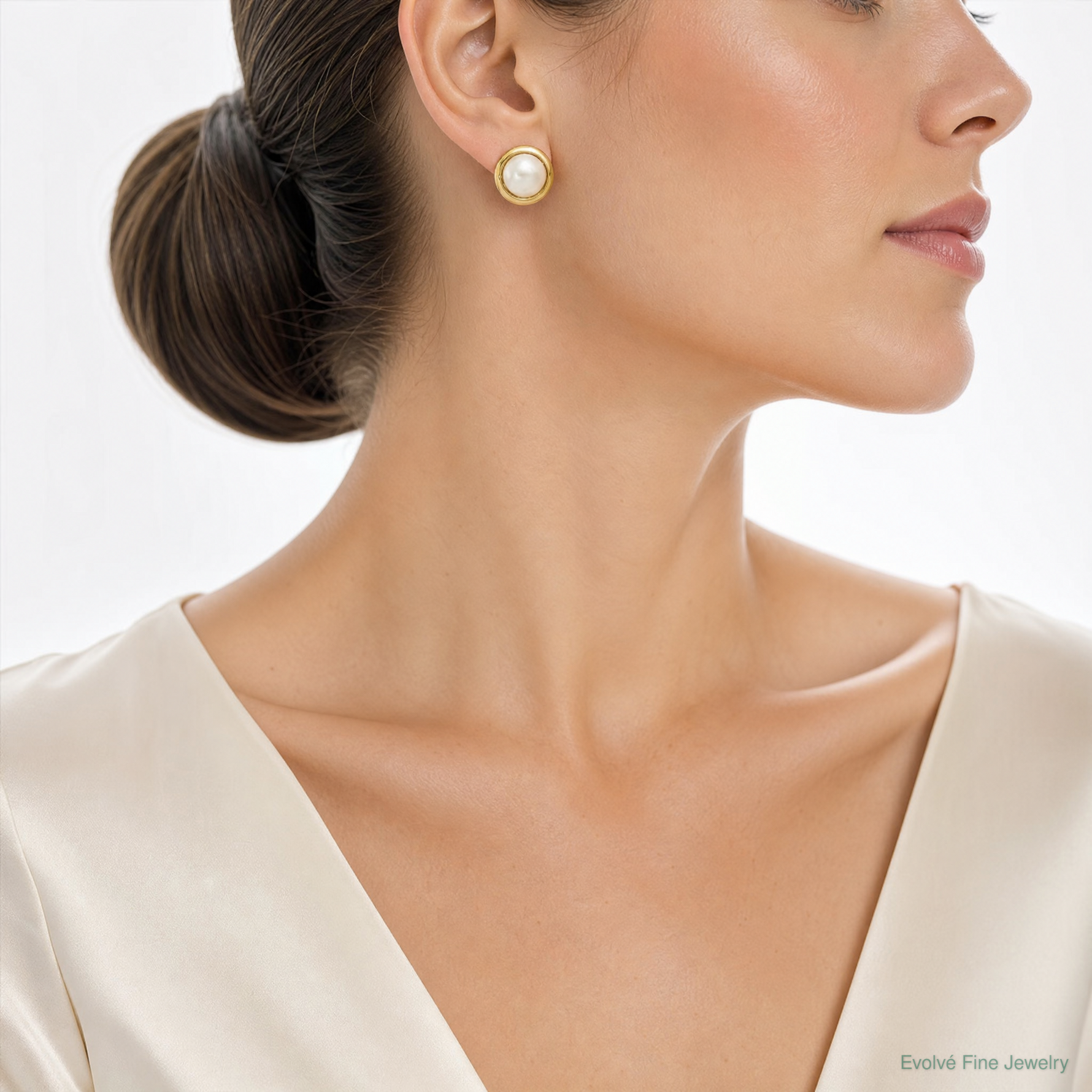 14k 10-11mm White Freshwater Cultured Mabe Pearl Omega Back Earrings - Model Shot
