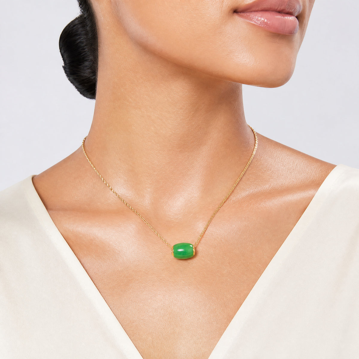 14K Polished Jade Oval Bead Slide Pendant - Model Shot