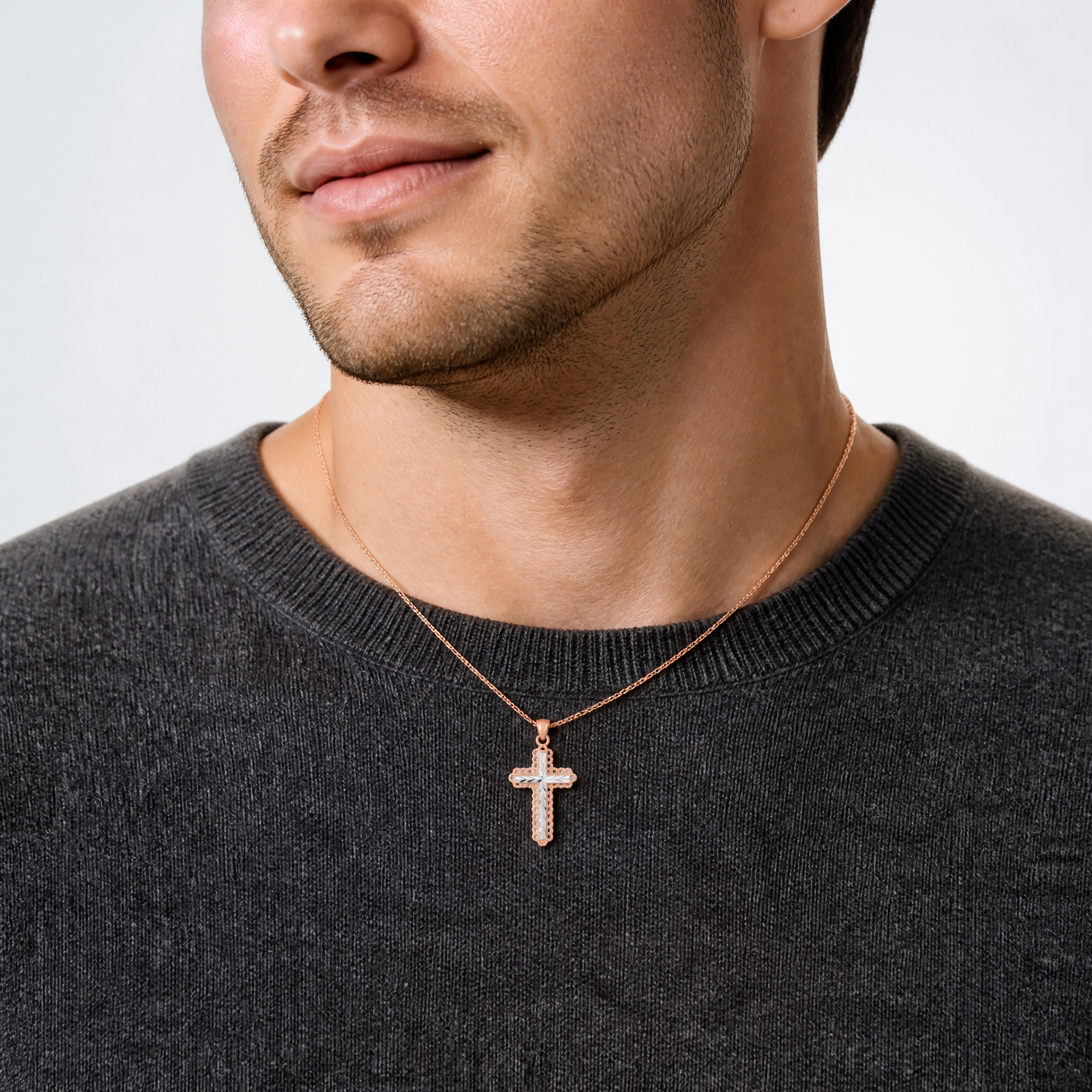 14k Rose Gold Rhodium Diamond Cut Cross Pendant - Model Shot