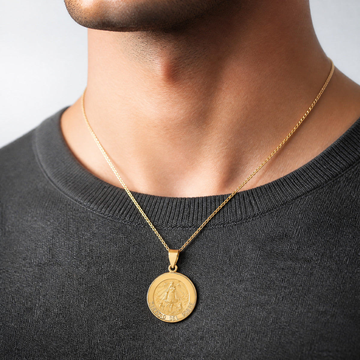 14k Polished and Satin Caridad del Cobre Medal Hollow Pendant - Model Shot
