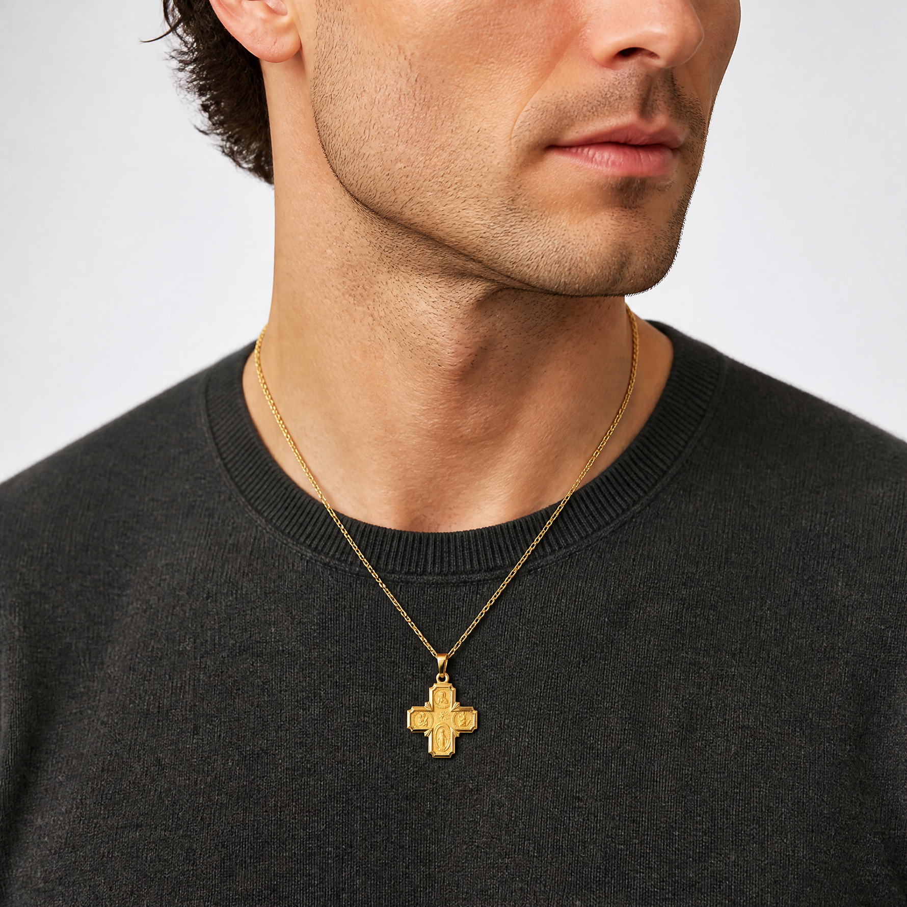 14k Polished and Satin Four Way Medal Hollow Pendant - Model Shot
