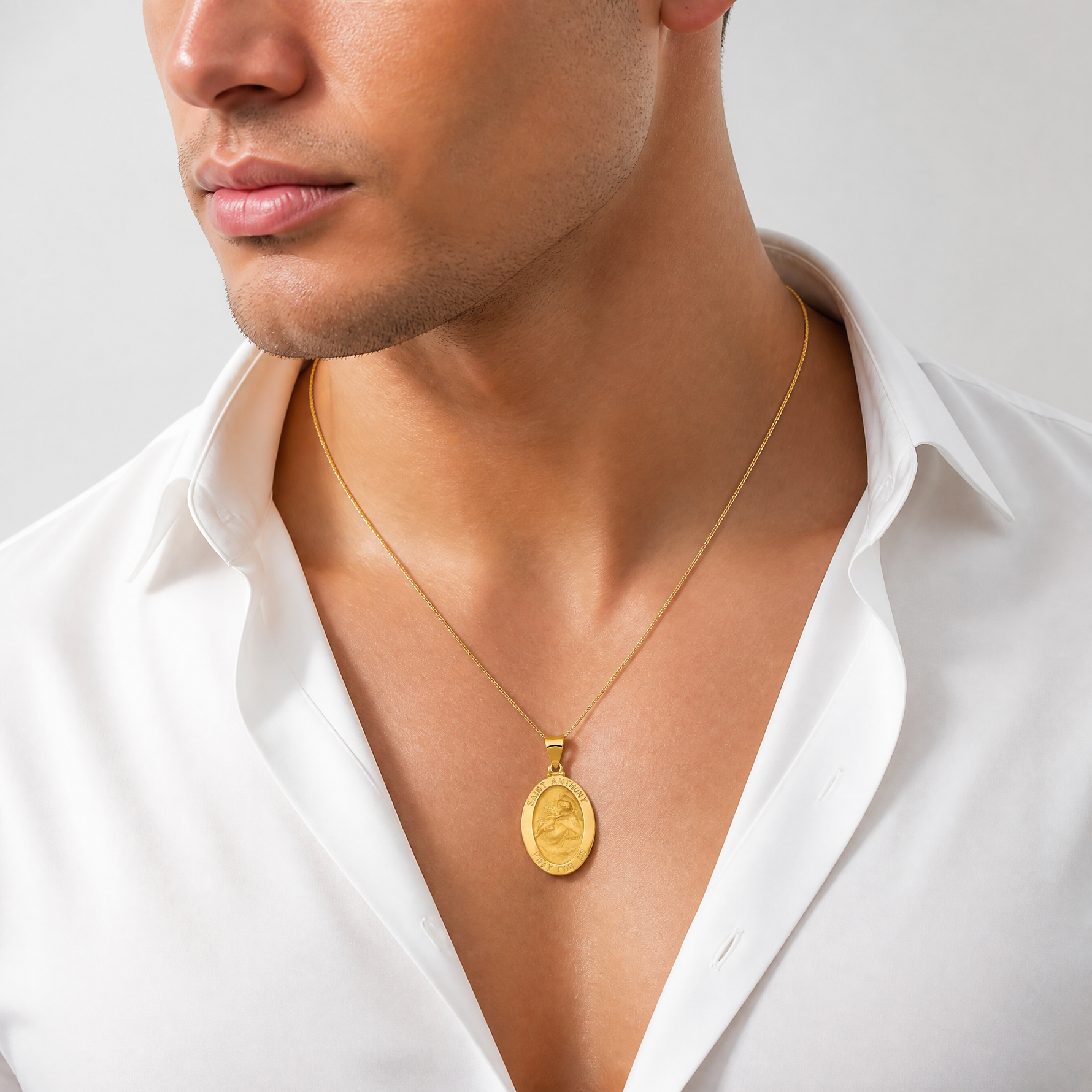 14k Polished and Satin St. Anthony Medal Hollow Pendant - Model Shot