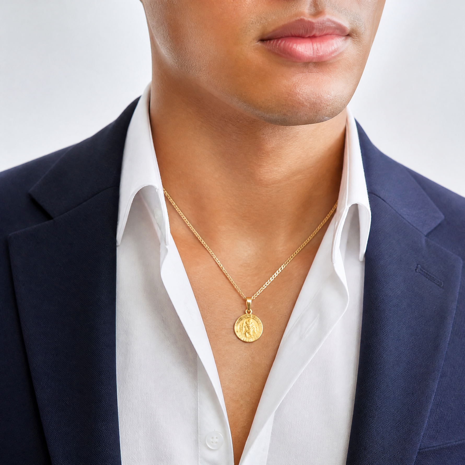 14k Polished and Satin St. Christopher Medal Hollow Pendant - Model Shot