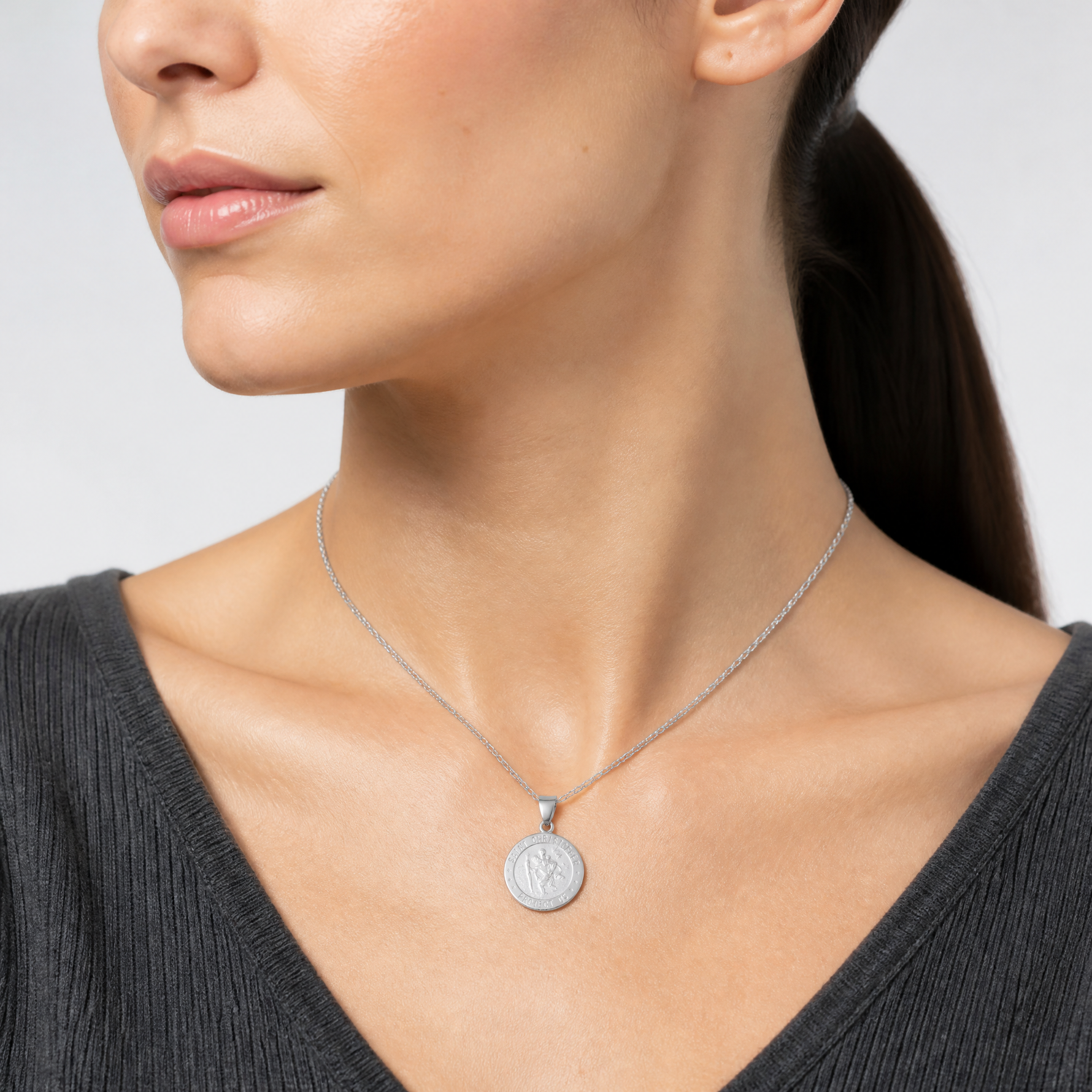 14k White Gold Polished/Satin St Christopher Medal Hollow Pendant - Model Shot