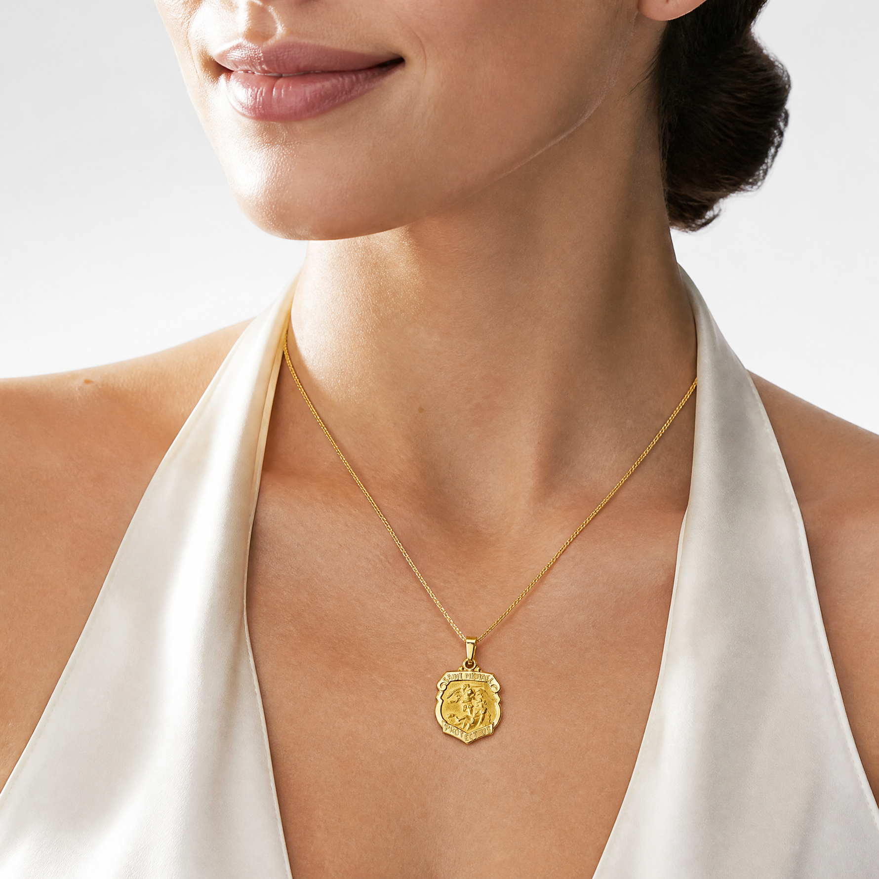 14k Polished and Satin St Michael Badge Medal Hollow Pendant - Model Shot