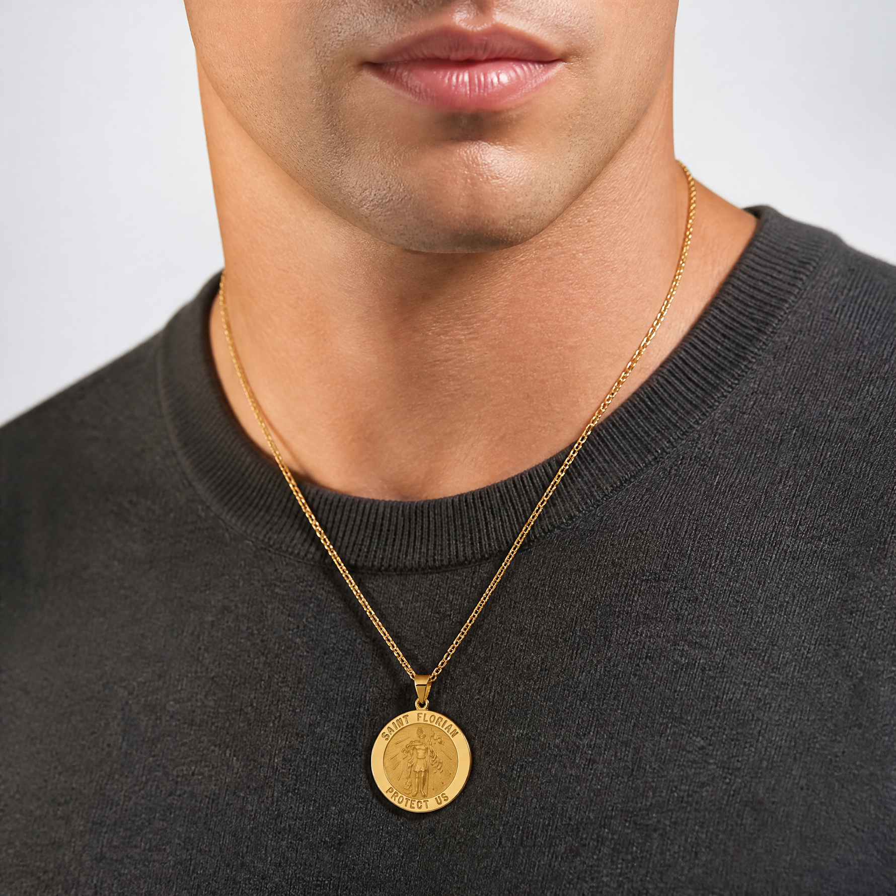 14k Polished and Satin St Florian Medal Hollow Pendant - Model Shot