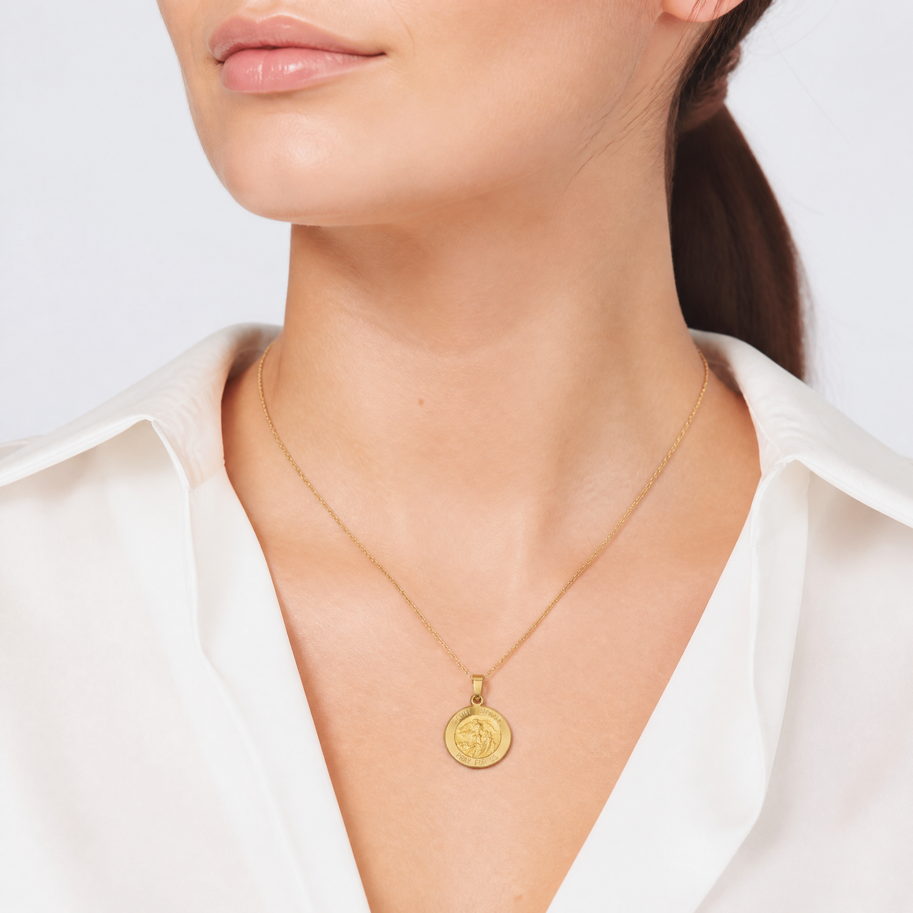 14k Polished and Satin St Michael Medal Hollow Pendant - Model Shot