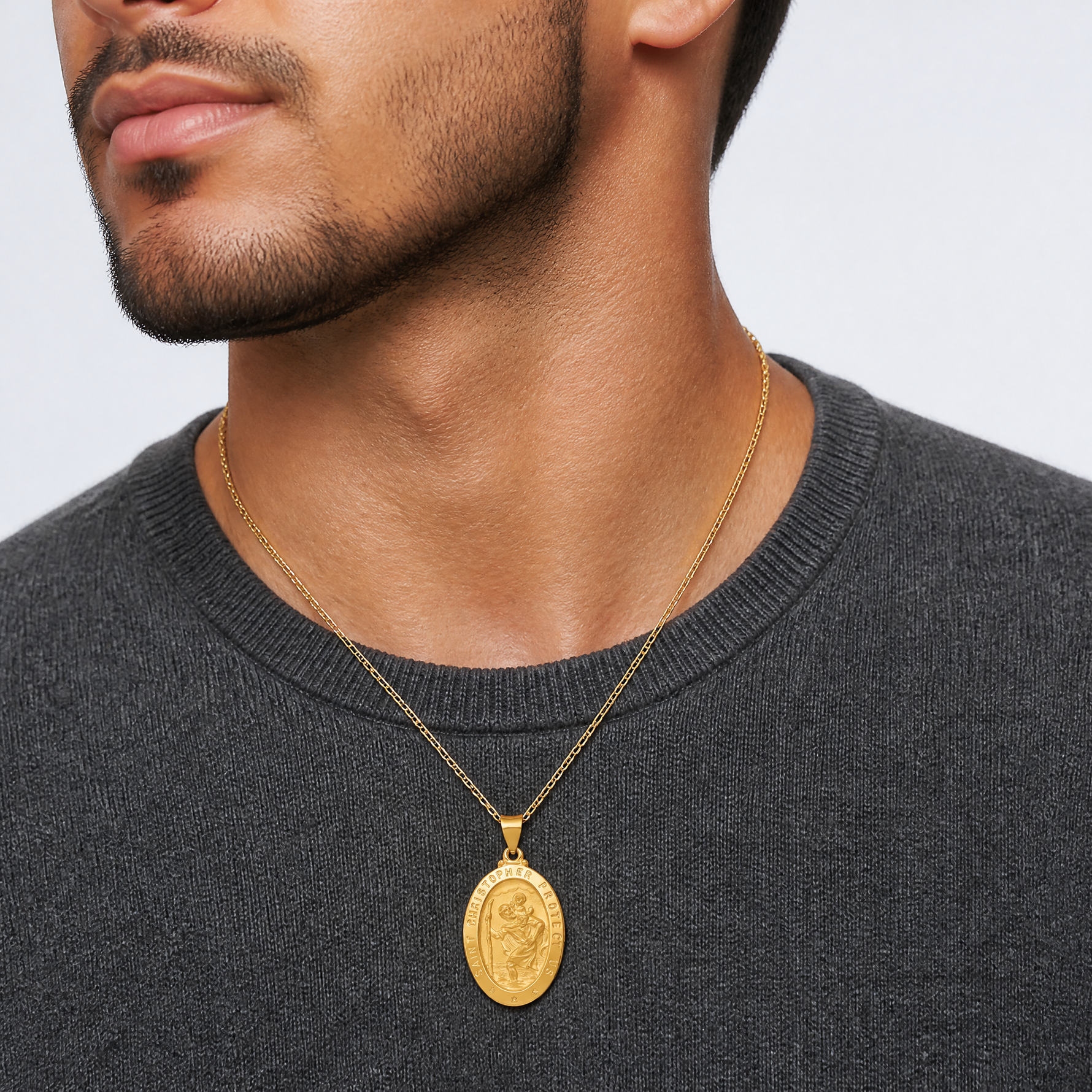14k Polished and Satin St Christopher Medal Hollow Pendant - Model Shot