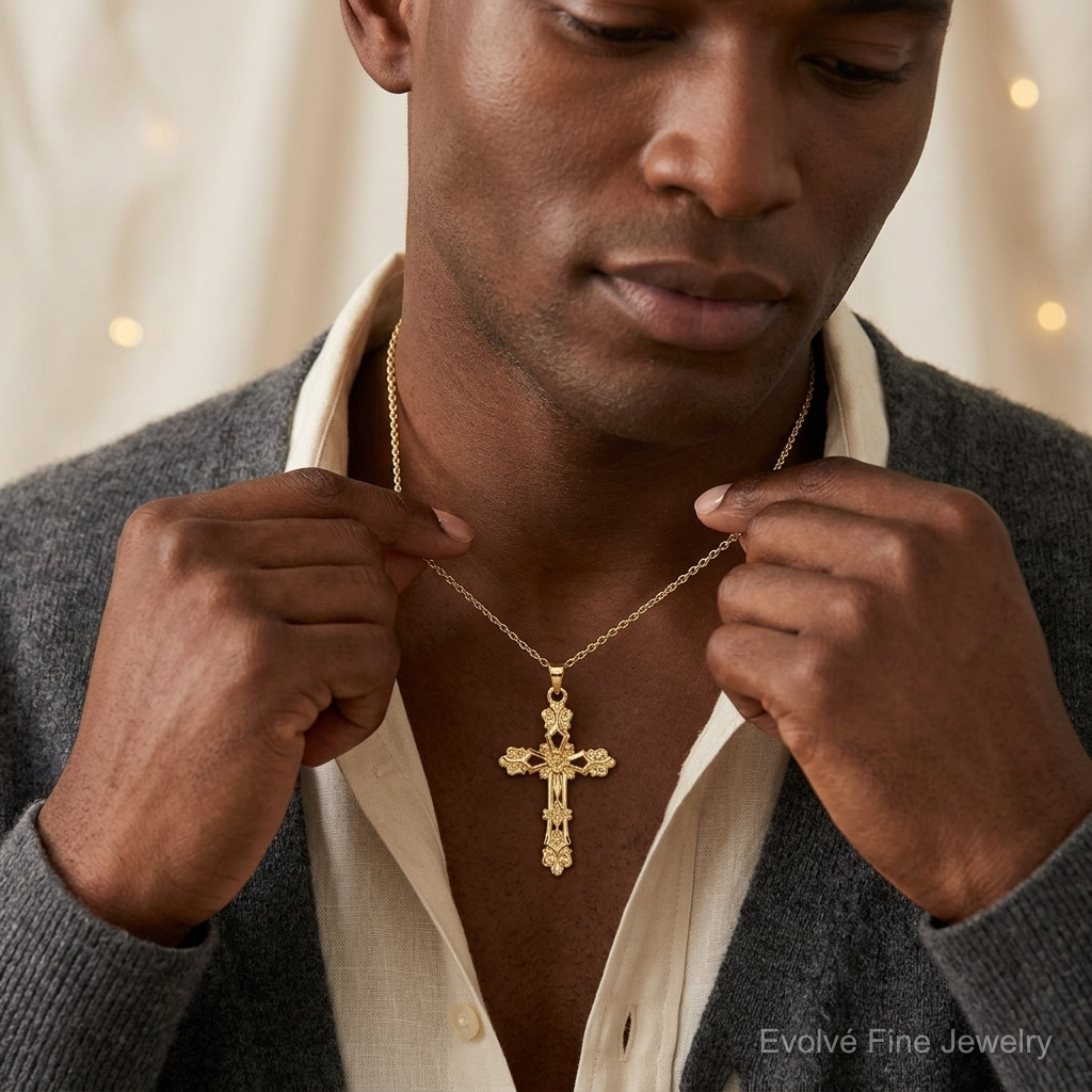 14k Polished Budded Cross Pendant - Model Shot