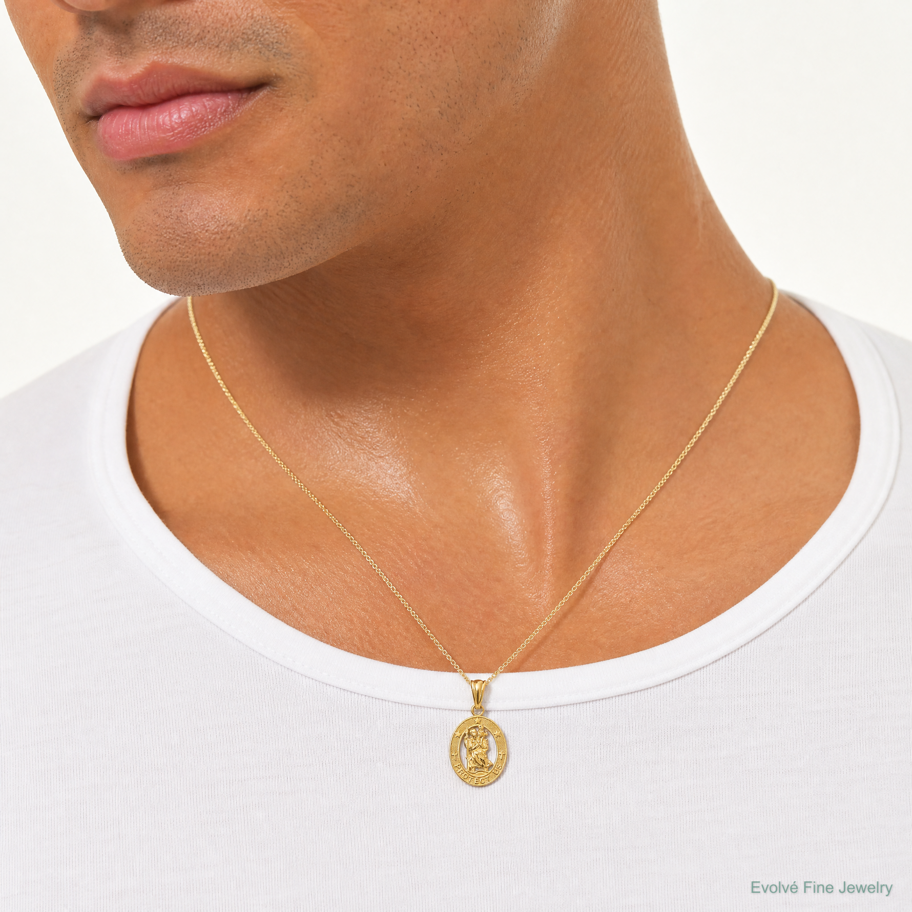 14k Gold Polished St Christopher Pendant - Model Shot