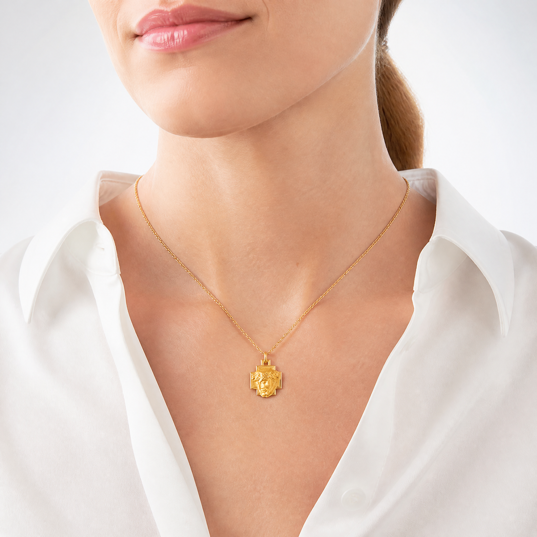 14k Hollow Polished/Satin Small Jesus Cross Medal - Model Shot