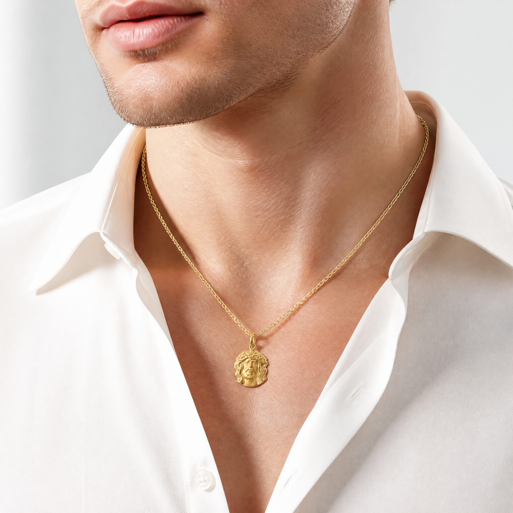 14k Hollow Polished/Satin Medium Jesus Medal - Model Shot