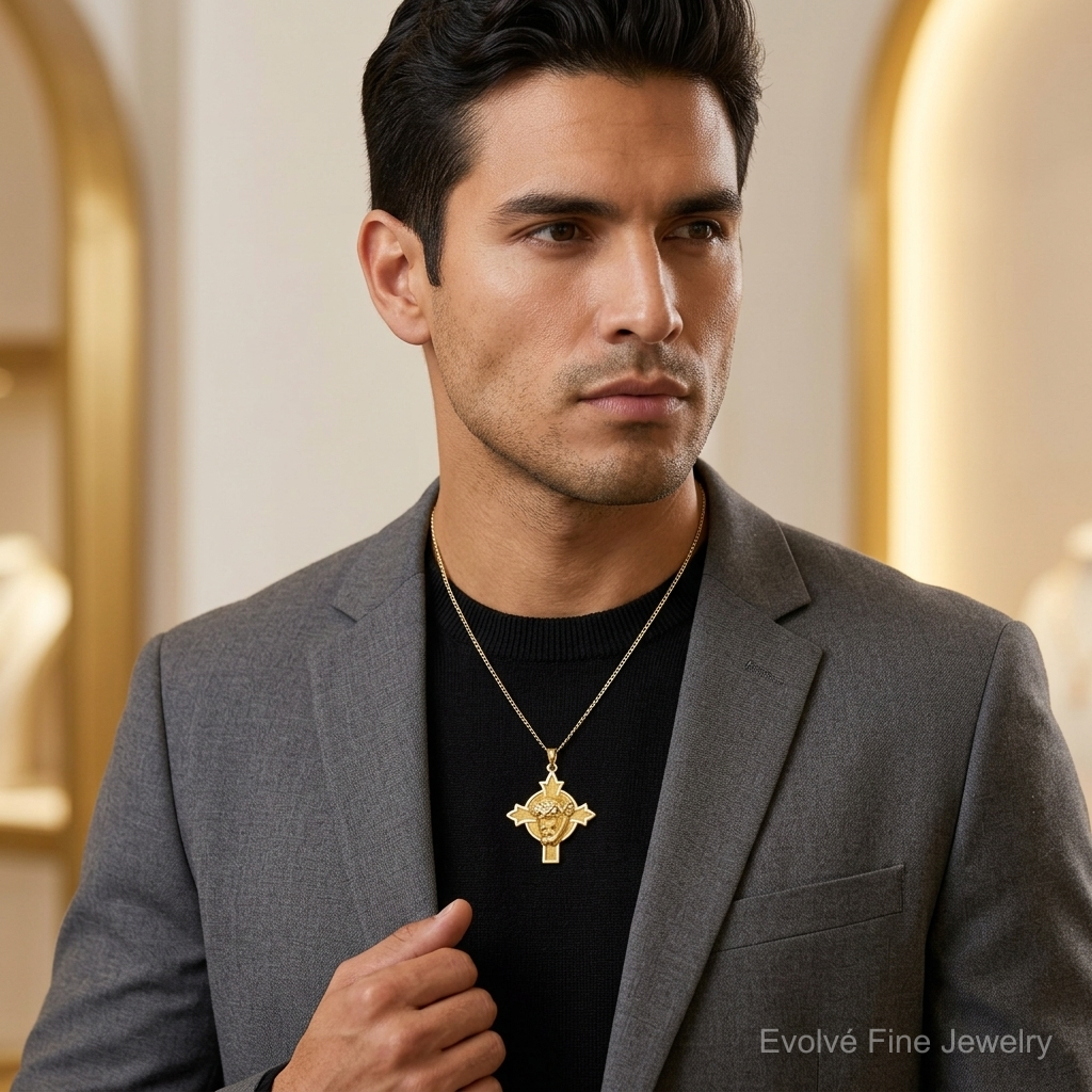 14k Hollow Polished/Satin Medium Jesus Medal Cross - Model Shot