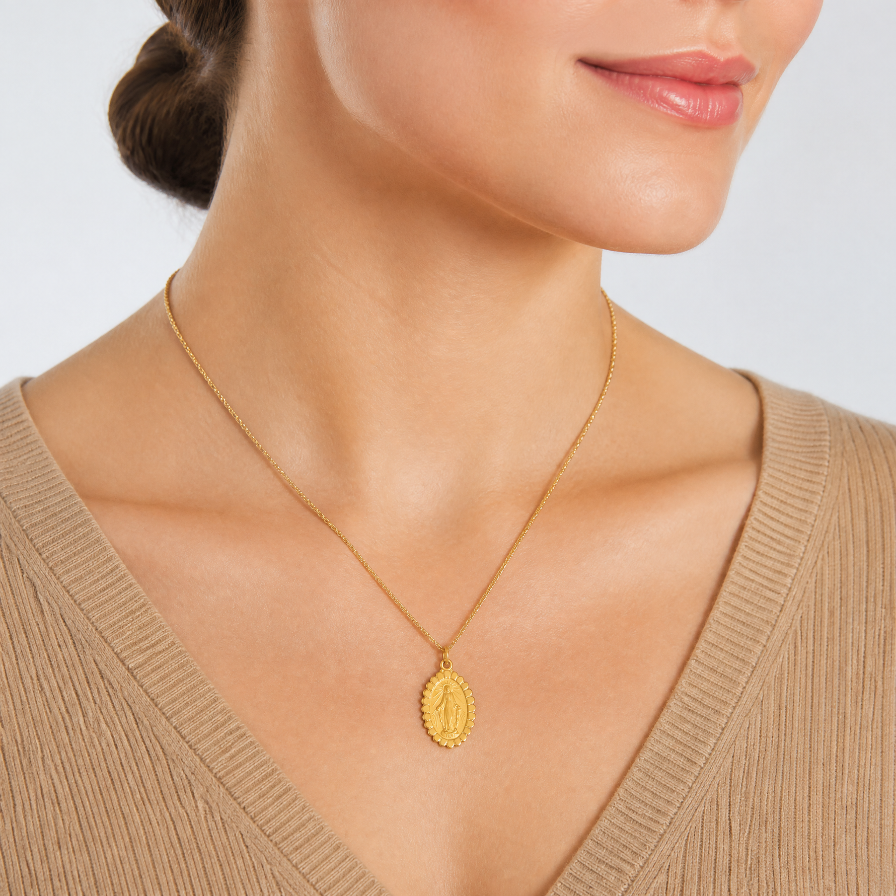 14k Solid Polished/Satin Medium Oval Scalloped Miraculous Medal - Model Shot
