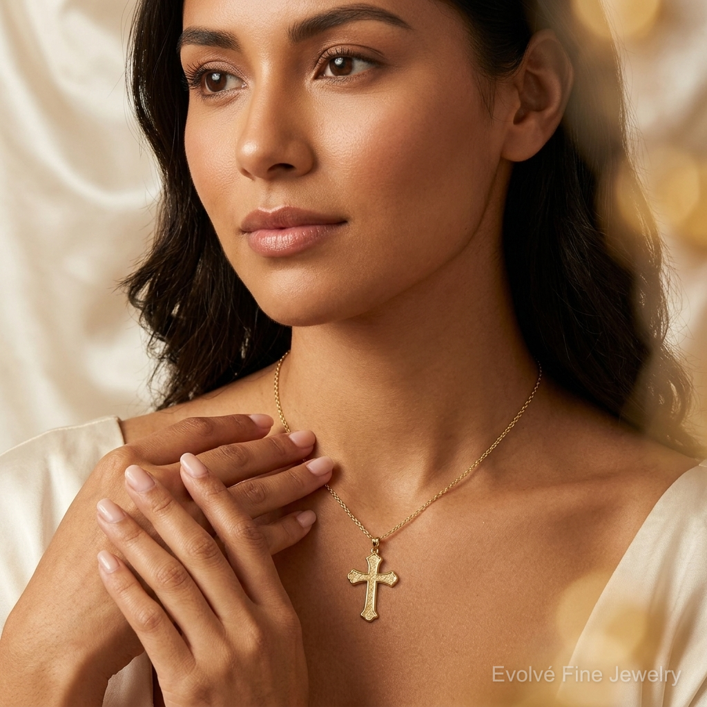 14k Hollow Polished Woven Fleur de Lis Cross - Model Shot