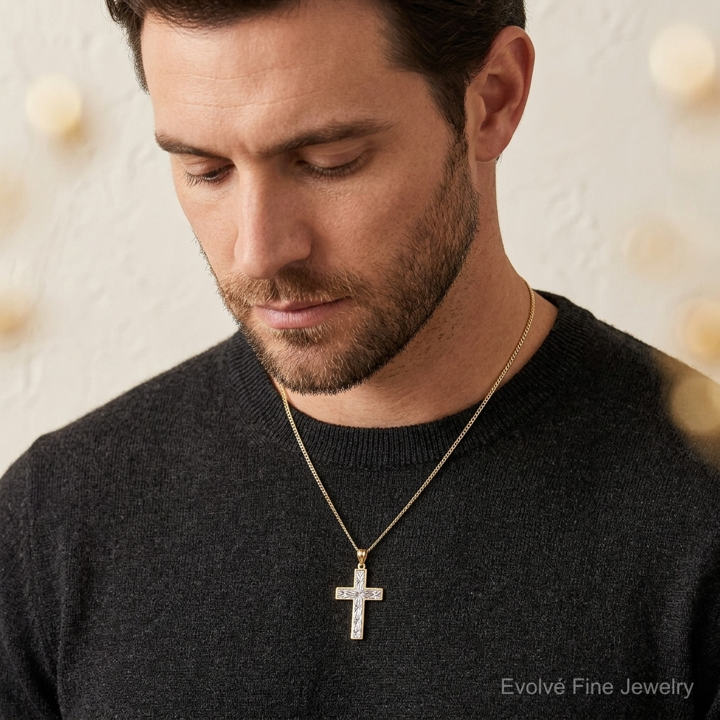 14K Two-tone Polished & Diamond-cut Cross Pendant - Model Shot