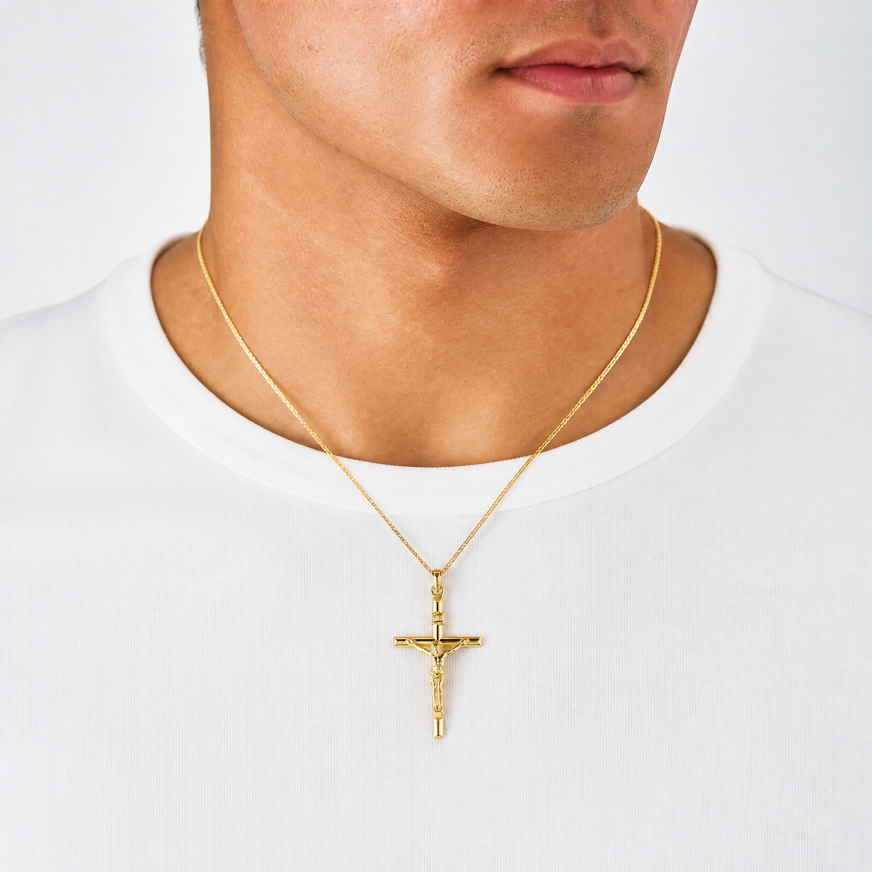 14k Hollow Crucifix Pendant - Model Shot