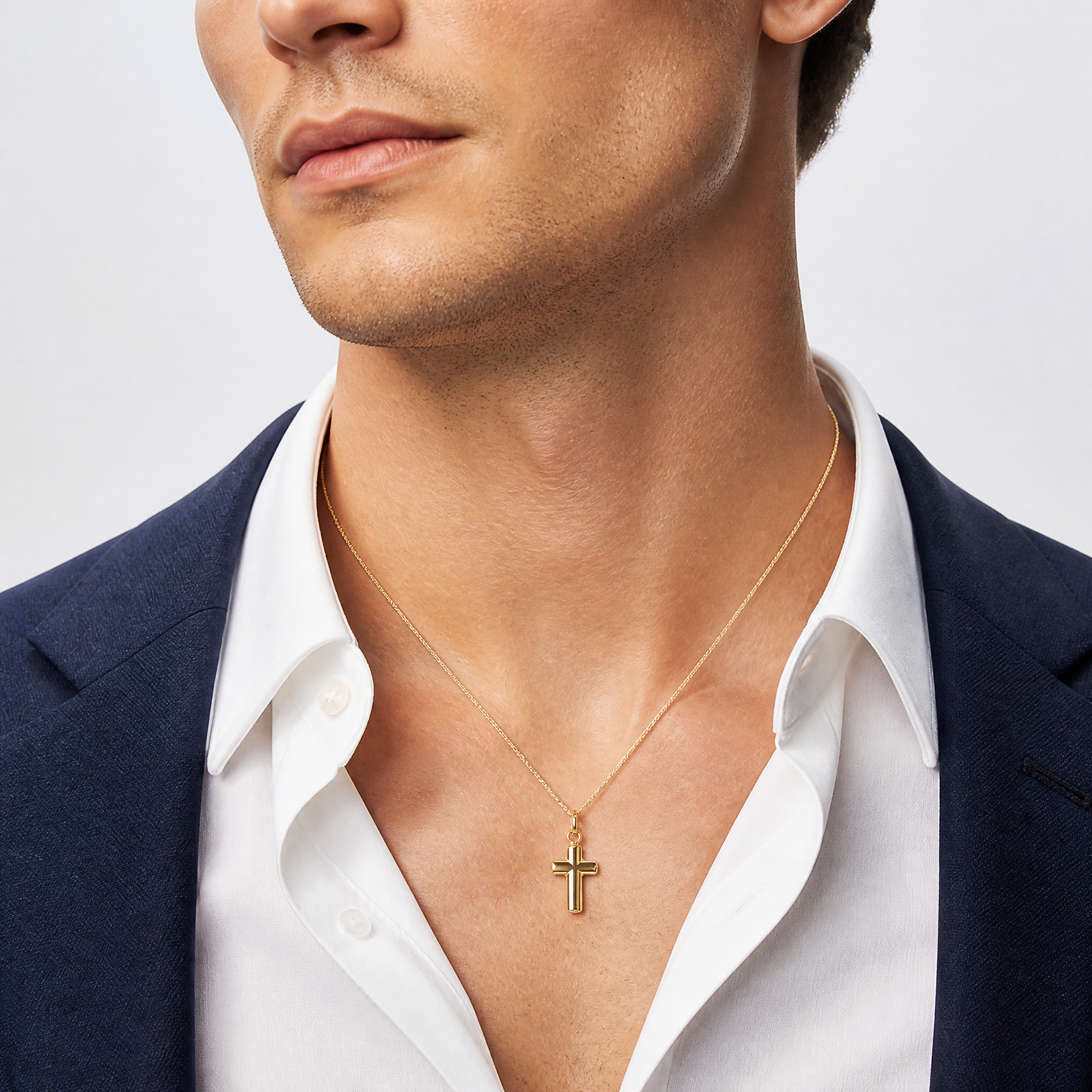 14k Polished Puffed Cross Pendant - Model Shot