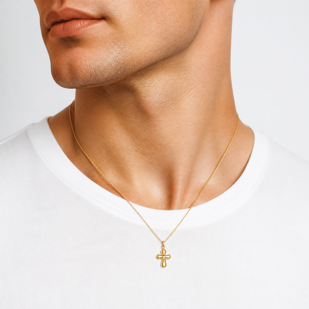 14k Polished Puffed Cross Pendant - Model Shot