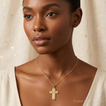 14k Polished and Textured Hollow Scroll Design Double Cross Pendant - Model Shot