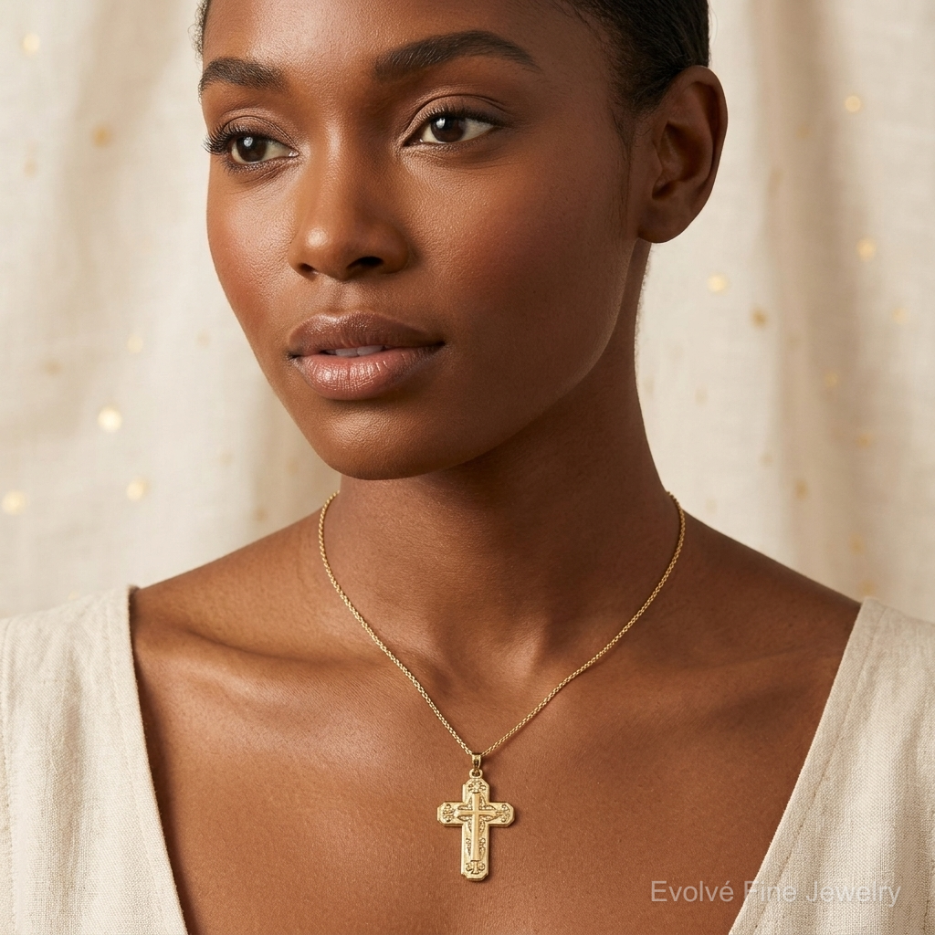 14k Polished and Textured Hollow Scroll Design Double Cross Pendant - Model Shot
