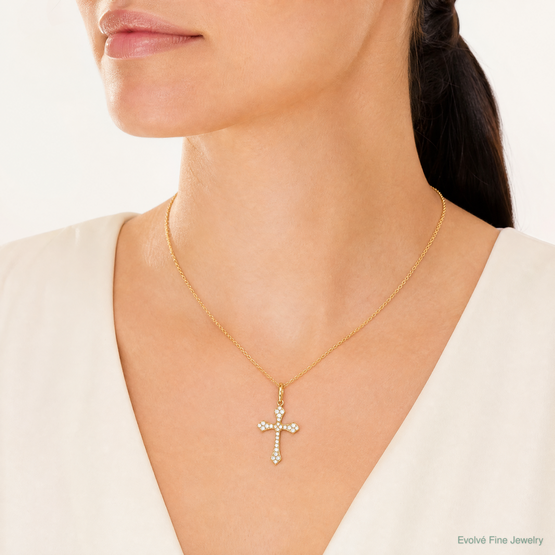 14k Polished CZ Passion Cross Pendant - Model Shot