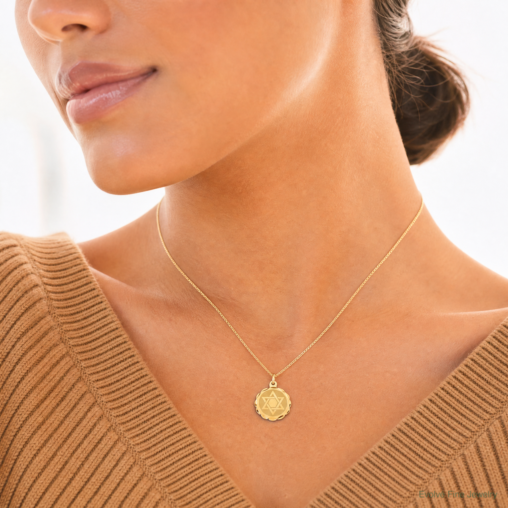 14k Solid Star of David Disc Charm - Model Shot
