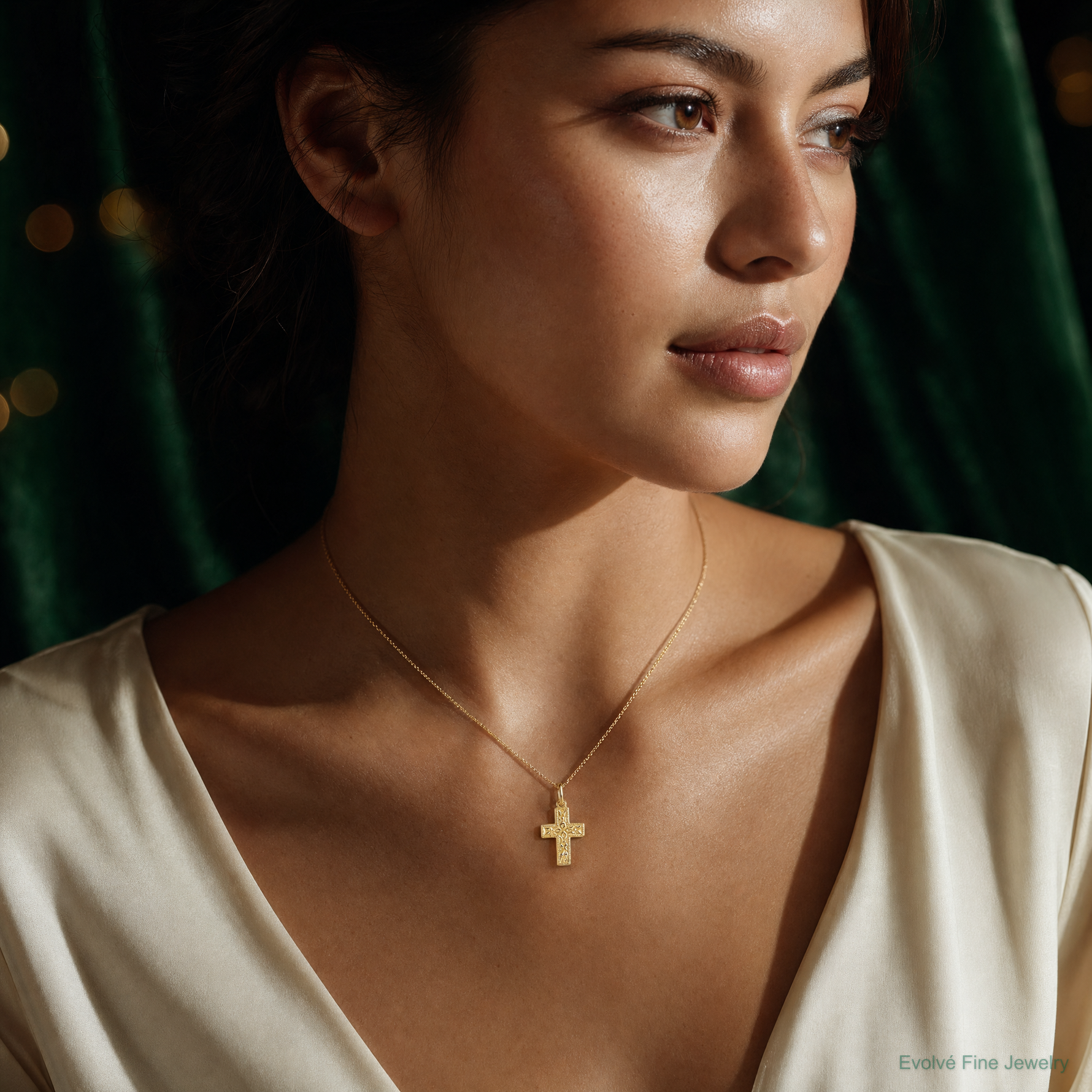 14K Floral Cross Charm - Model Shot