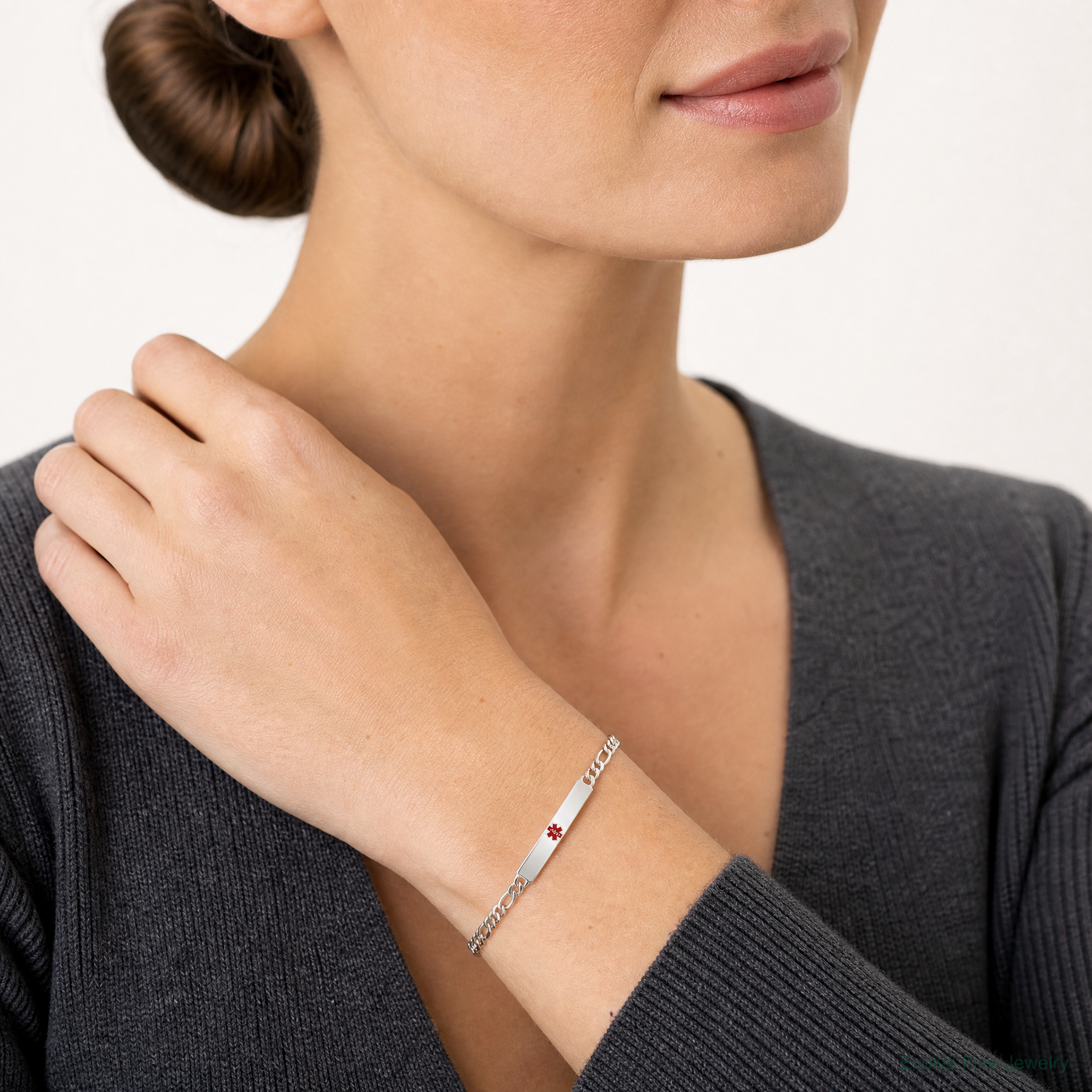 Sterling Silver Polished Medical Figaro Anchor Link ID Bracelet - Model Shot