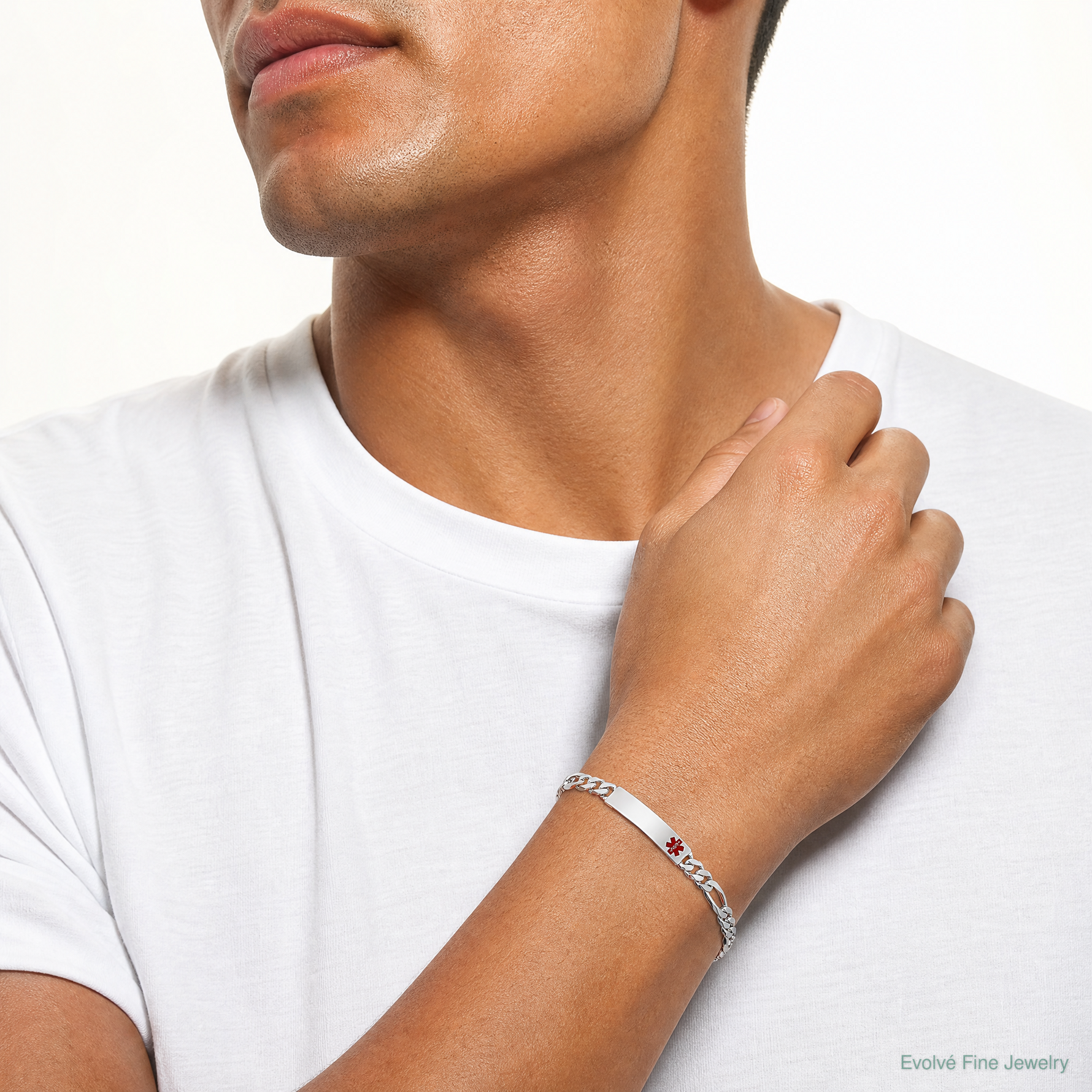 Sterling Silver Polished Medical Figaro Anchor Link ID Bracelet - Model Shot