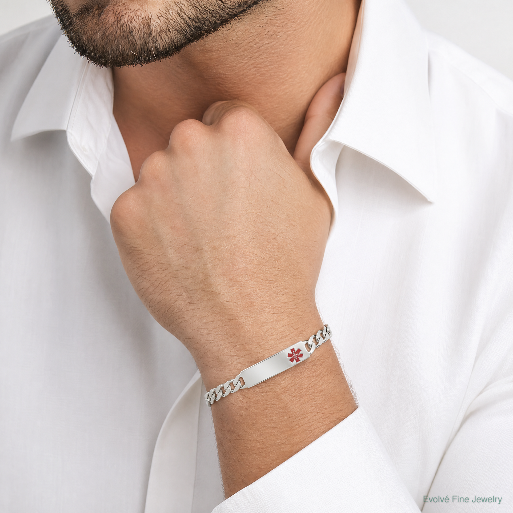 Sterling Silver Polished Medical Curb Link ID Bracelet - Model Shot