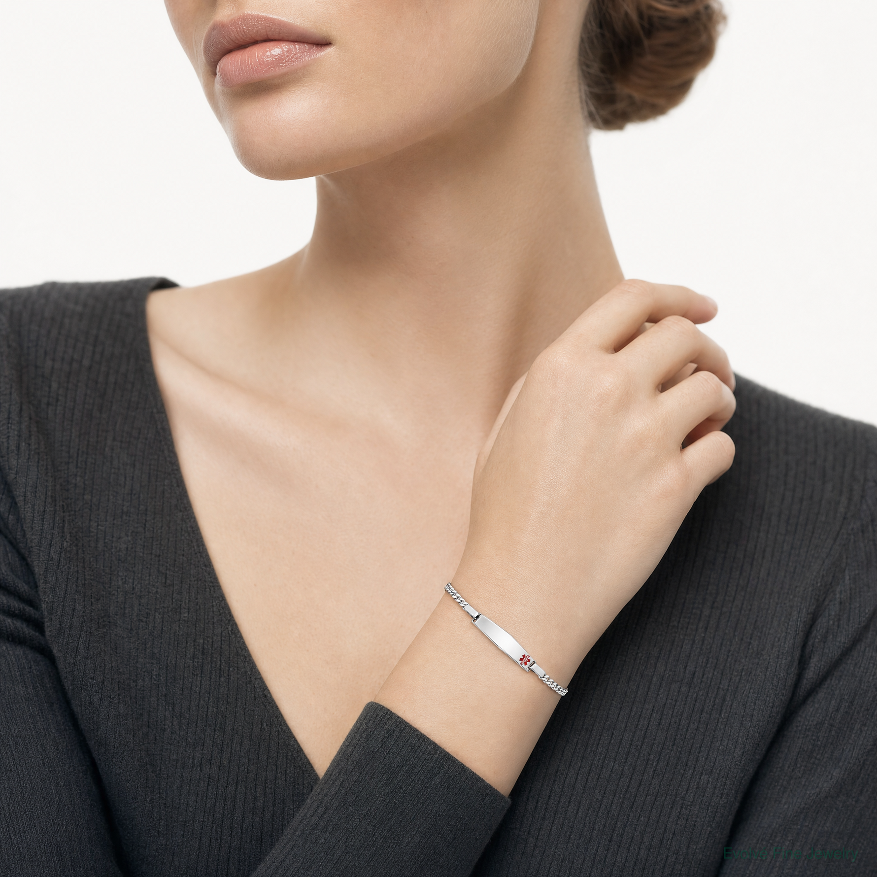 Sterling Silver Rhodium-plated Medical ID Curb Link Bracelet - Model Shot