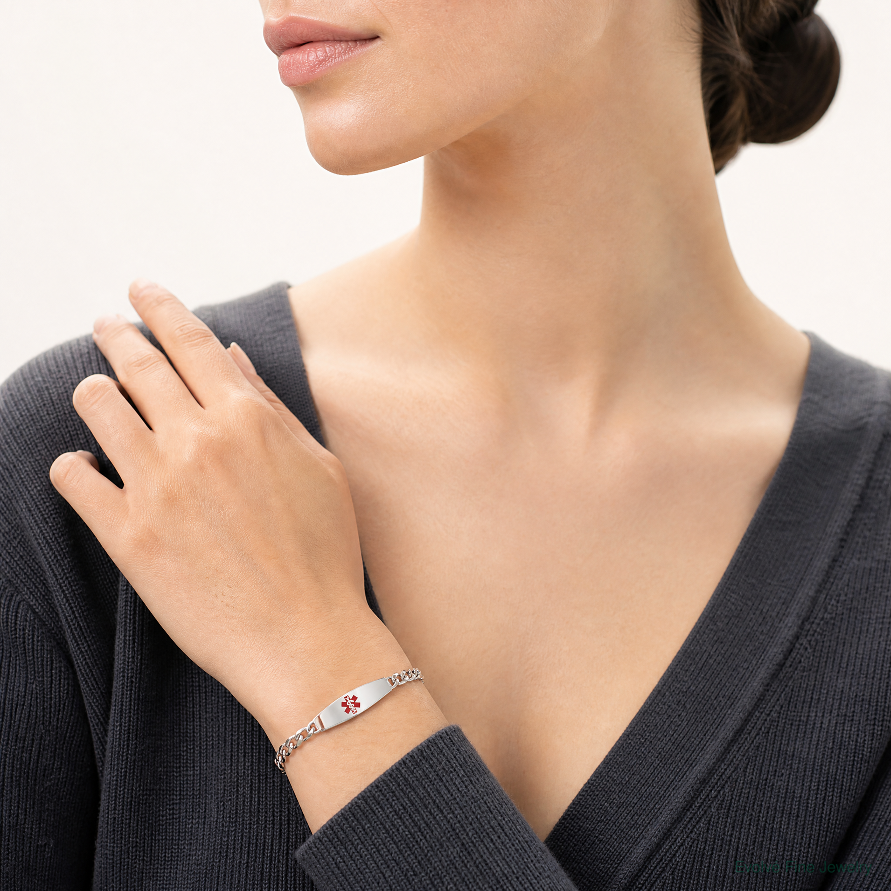 Sterling Silver Rhodium-plated Medical ID Figaro Link Bracelet - Model Shot