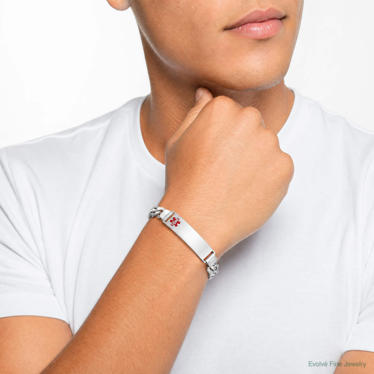 Sterling Silver Rhodium-plated Medical ID Curb Link Bracelet - Model Shot