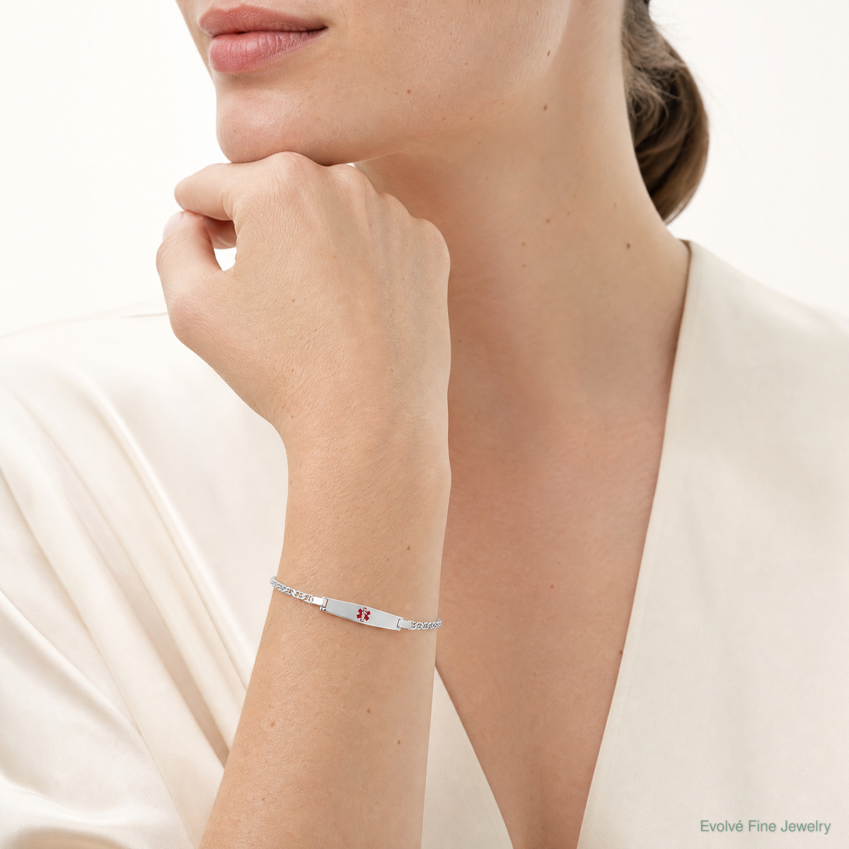 Sterling Silver Rhodium-plated Medical ID Anchor Link Bracelet - Model Shot