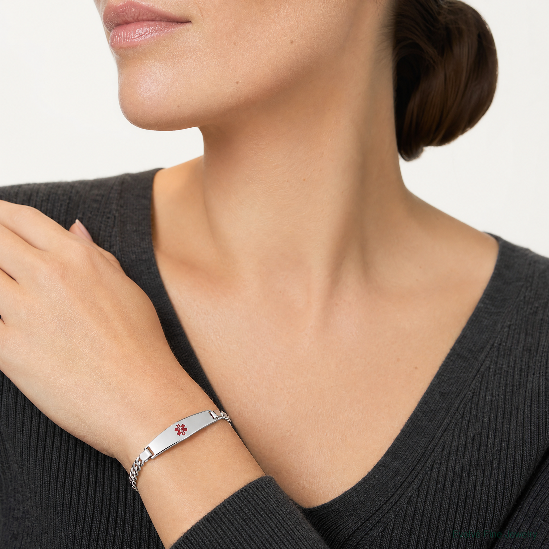 Sterling Silver Rhodium-plated Medical ID Curb Link Bracelet - Model Shot