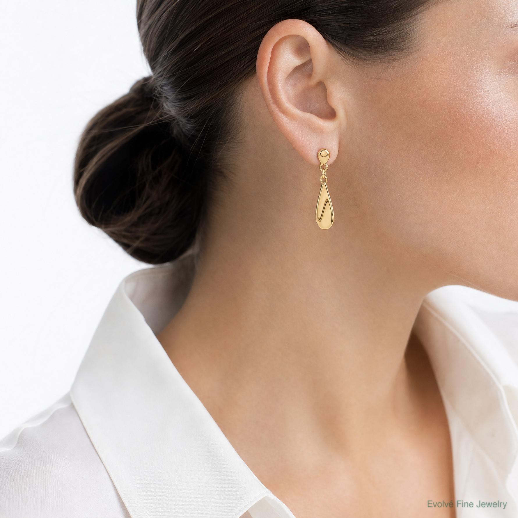 14k Tear Drop Dangle Post Earrings - Model Shot