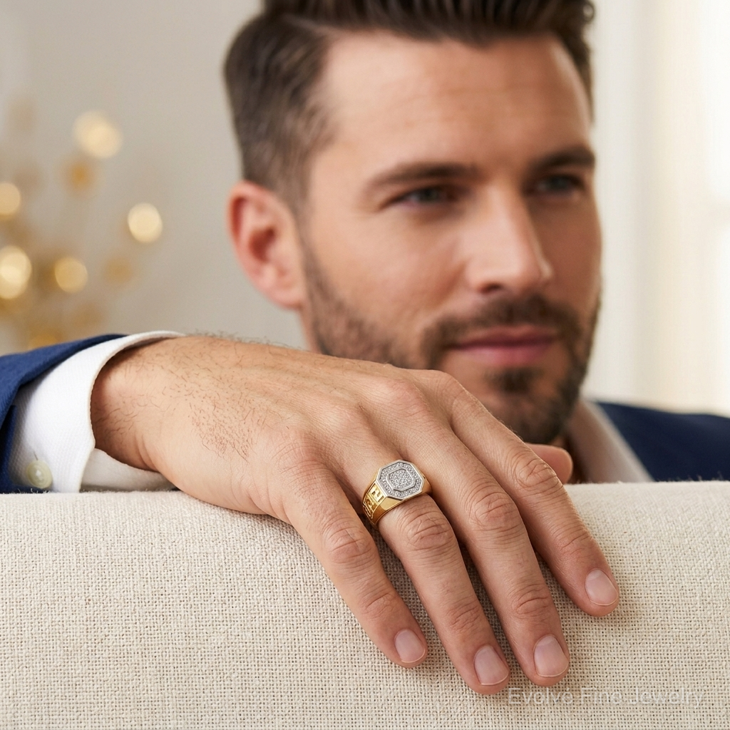 14kw/ Rhodium Mens Micro Pave CZ Octagon & Greek Key Ring - Model Shot