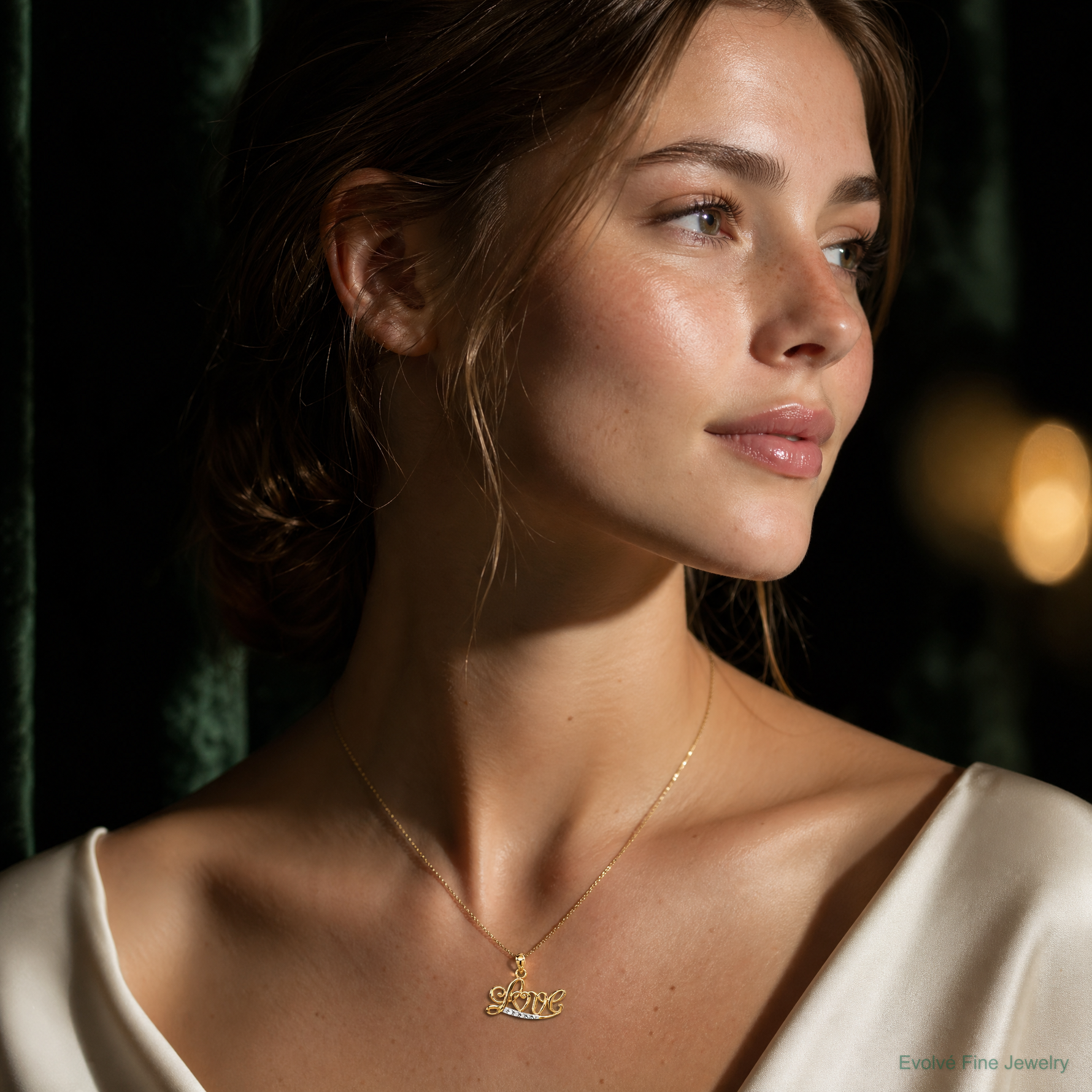 14k w/Rhodium Diamond-cut LOVE Pendant - Model Shot