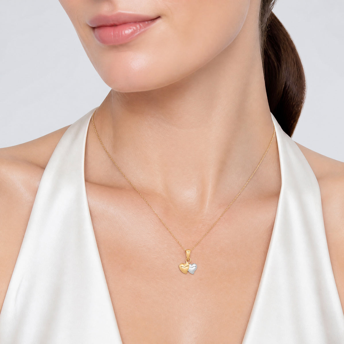 14K w/White Rhodium Double Heart Pendant - Model Shot