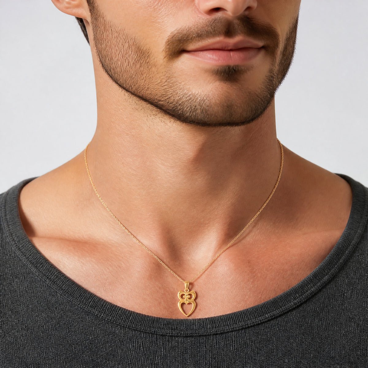14k Gold Polished Cut-out Owl Pendant - Model Shot