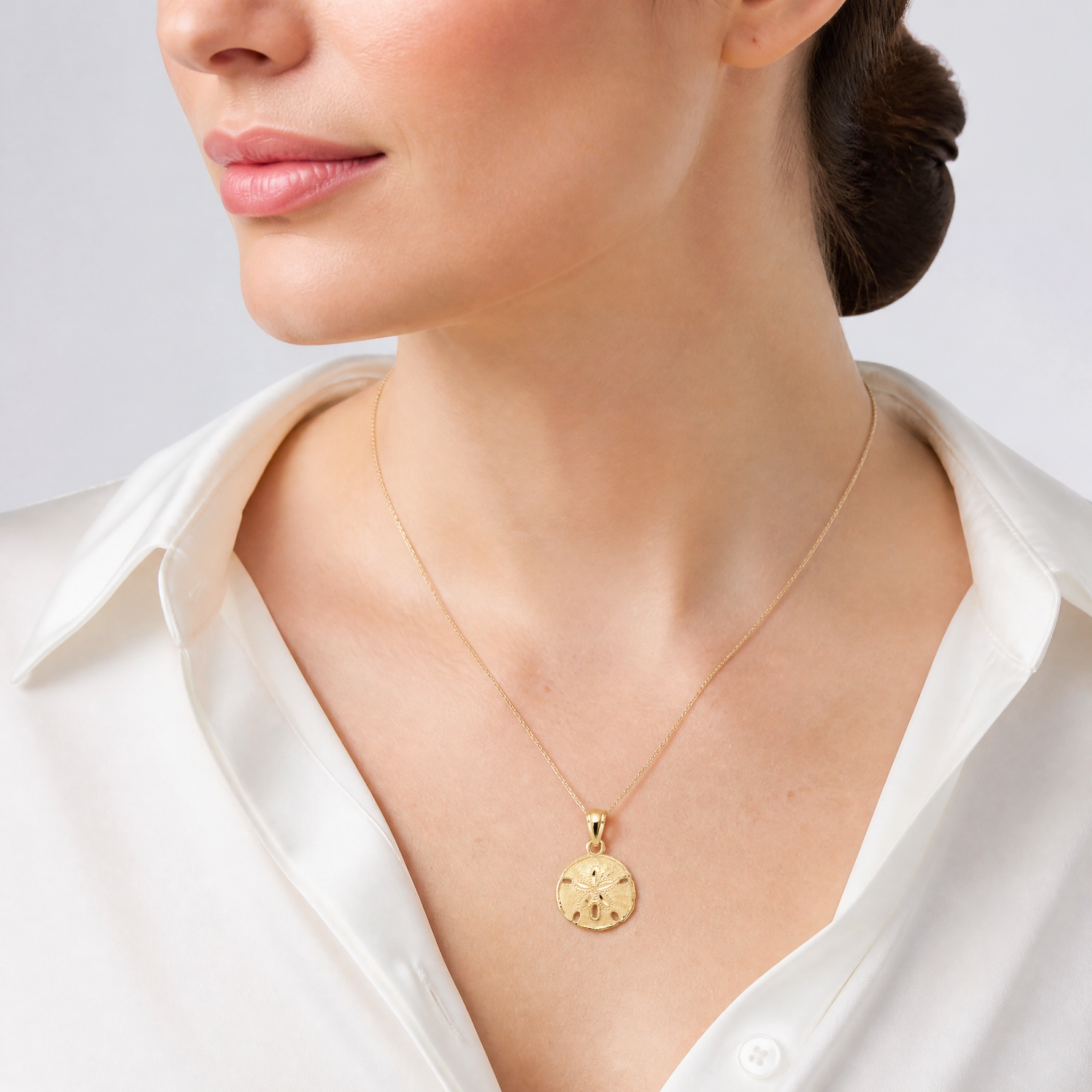 14K Gold Polished and Textured Sand Dollar Pendant - Model Shot