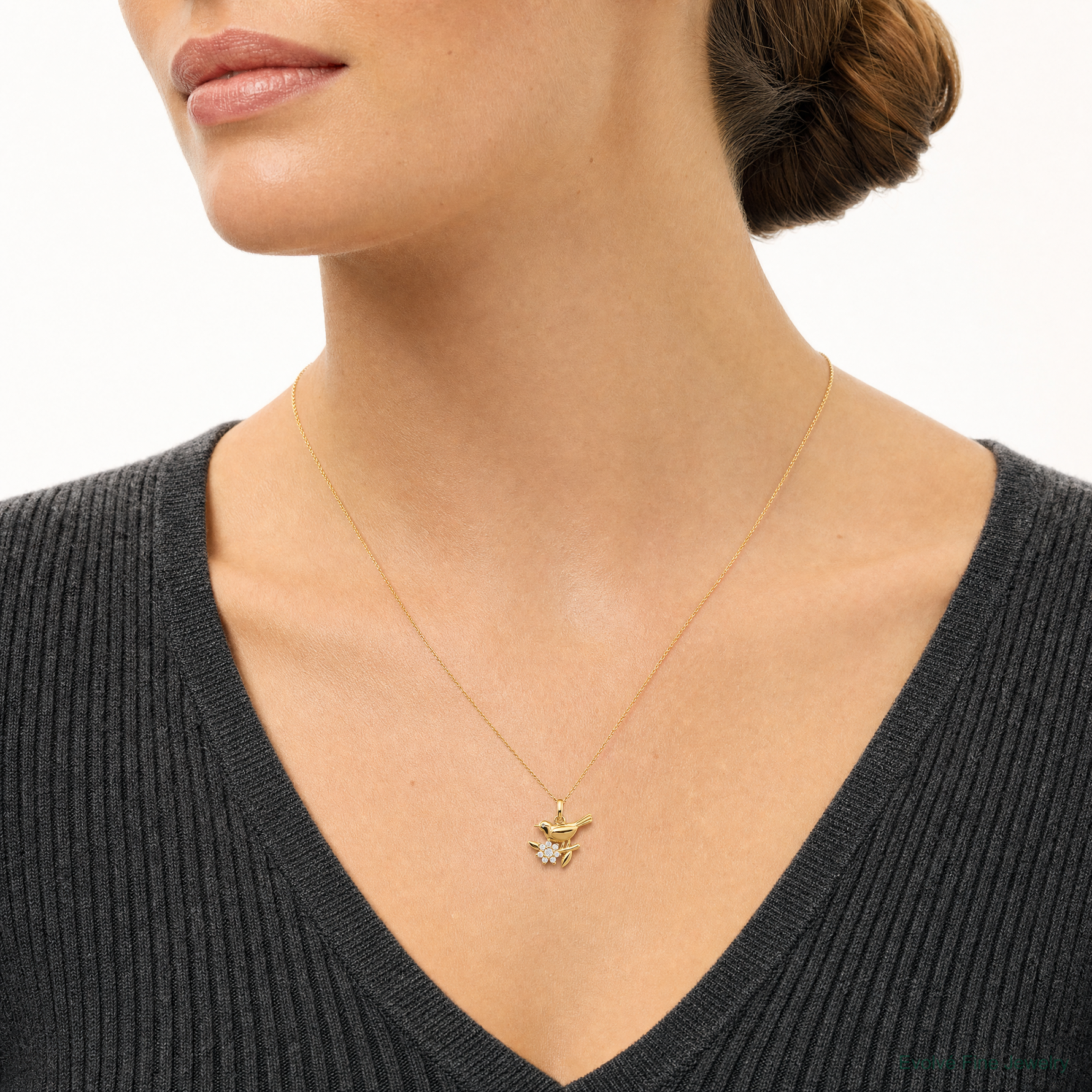 14K Bird on a Branch CZ Pendant - Model Shot